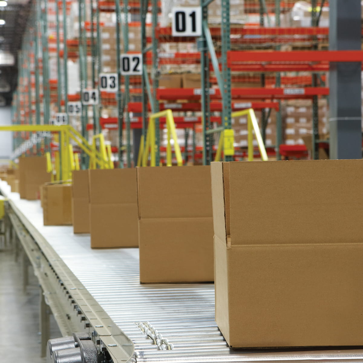 Line of boxes on roller belt